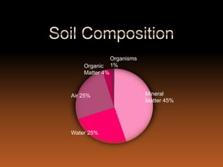 Organisms
    Organic     1%
    Matter 4%



Air 25%                     Mineral
                            Matter 45%




Water 25%
 
