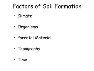 Factors of Soil Formation
• Climate
• Organisms
• Parental Material
• Topography
• Time
 