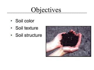 Objectives
‣ Soil color
‣ Soil texture
‣ Soil structure
 