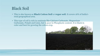 Black Soil
• This is also known as Black Cotton Soil or regur soil. It covers 16% of India’s
total geographical area.
• This type of soil is rich in nutrients like Calcium Carbonate, Magnesium
Carbonate, Potash and Lime, but is poor in Phosphoric content. It is black in
color and best for growing the cotton crop.
 