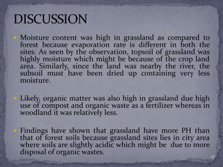  Moisture content was high in grassland as compared to
forest because evaporation rate is different in both the
sites. As seen by the observation, topsoil of grassland was
highly moisture which might be because of the crop land
area. Similarly, since the land was nearby the river, the
subsoil must have been dried up containing very less
moisture.
 Likely, organic matter was also high in grassland due high
use of compost and organic waste as a fertilizer whereas in
woodland it was relatively less.
 Findings have shown that grassland have more PH than
that of forest soils because grassland sites lies in city area
where soils are slightly acidic which might be due to more
disposal of organic wastes. 13
 