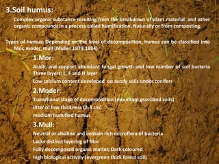 3.Soil humus:
Complex organic substance resulting from the breakdown of plant material and other
organic compounds in a process called humification. Naturally or from composting.
Types of humus: Depending on the level of decomposition, humus can be classified into
Mor, moder, mull (Muller 1879,1884)
1.Mor:
Acidic and support abundant fungal growth and low number of soil bacteria
Three layers: L, F and H layer
Low calcium content developed on sandy soils under conifers
2.Moder:
Transitional stage of decomposition (mountain grassland soils)
litter of low thickness (2-3 cm)
medium humified humus
3.Mull:
Neutral or alkaline and contain rich microflora of bacteria
Lacks distinct layering of Mor
Fully decomposed organic matter, Dark coloured
high biological activity (evergreen thick forest soil)
 