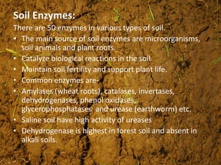 Soil Enzymes:
There are 50 enzymes in various types of soil.
• The main source of soil enzymes are microorganisms,
soil animals and plant roots.
• Catalyze biological reactions in the soil
• Maintain soil fertility and support plant life.
• Common enzymes are-
• Amylases (wheat roots), catalases, invertases,
dehydrogenases, phenol oxidases,
glycerophosphatases and urease (earthworm) etc.
• Saline soil have high activity of ureases
• Dehydrogenase is highest in forest soil and absent in
alkali soils.
 