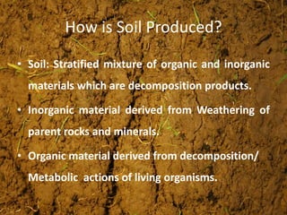 How is Soil Produced?
• Soil: Stratified mixture of organic and inorganic
materials which are decomposition products.
• Inorganic material derived from Weathering of
parent rocks and minerals.
• Organic material derived from decomposition/
Metabolic actions of living organisms.
 