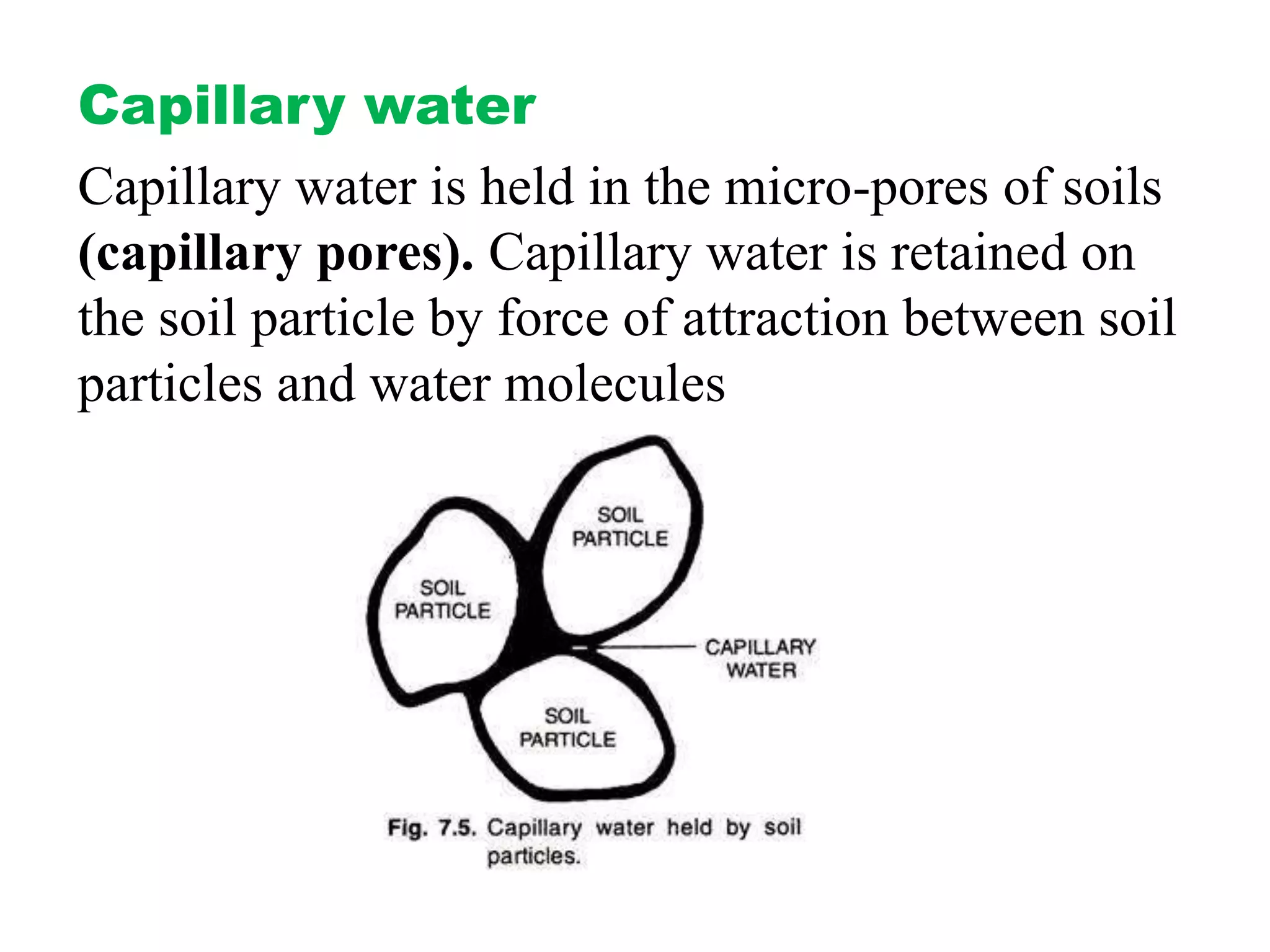 Capillary water
Capillary water is held in the micro-pores of soils
(capillary pores). Capillary water is retained on
the soil particle by force of attraction between soil
particles and water molecules
 