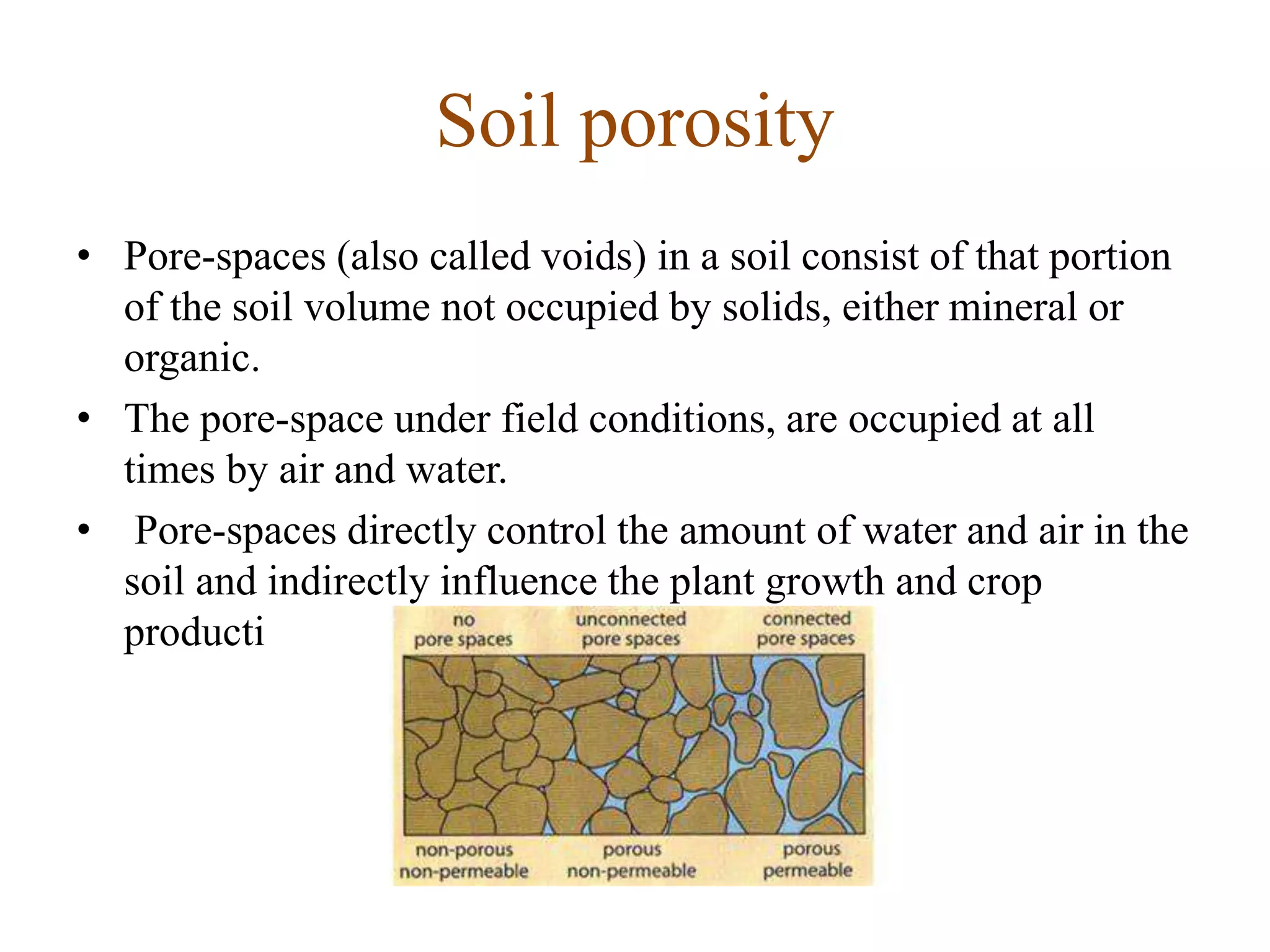 Soil porosity
• Pore-spaces (also called voids) in a soil consist of that portion
of the soil volume not occupied by solids, either mineral or
organic.
• The pore-space under field conditions, are occupied at all
times by air and water.
• Pore-spaces directly control the amount of water and air in the
soil and indirectly influence the plant growth and crop
production.
 