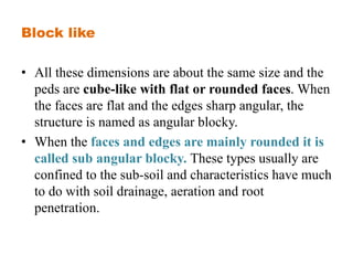 Block like
• All these dimensions are about the same size and the
peds are cube-like with flat or rounded faces. When
the faces are flat and the edges sharp angular, the
structure is named as angular blocky.
• When the faces and edges are mainly rounded it is
called sub angular blocky. These types usually are
confined to the sub-soil and characteristics have much
to do with soil drainage, aeration and root
penetration.
 