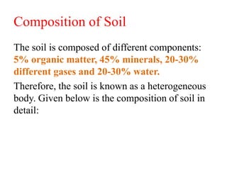 Composition of Soil
The soil is composed of different components:
5% organic matter, 45% minerals, 20-30%
different gases and 20-30% water.
Therefore, the soil is known as a heterogeneous
body. Given below is the composition of soil in
detail:
 