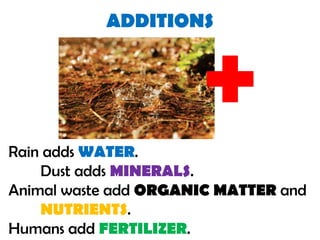 ADDITIONS
Rain adds WATER.
Dust adds MINERALS.
Animal waste add ORGANIC MATTER and
NUTRIENTS.
Humans add FERTILIZER.
 