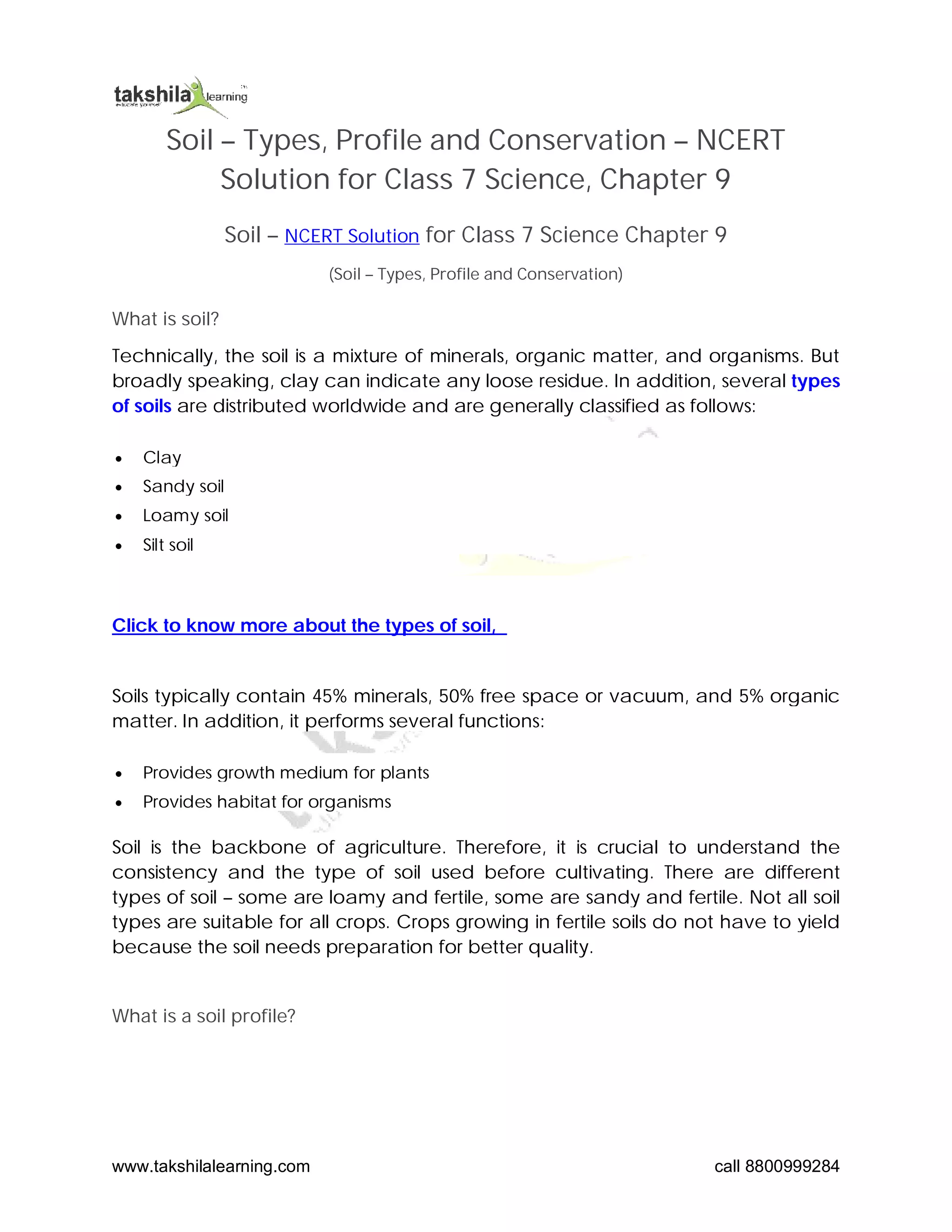 Soil - Types, Profile and Conservation - NCERT Solution Class 7 Science ...