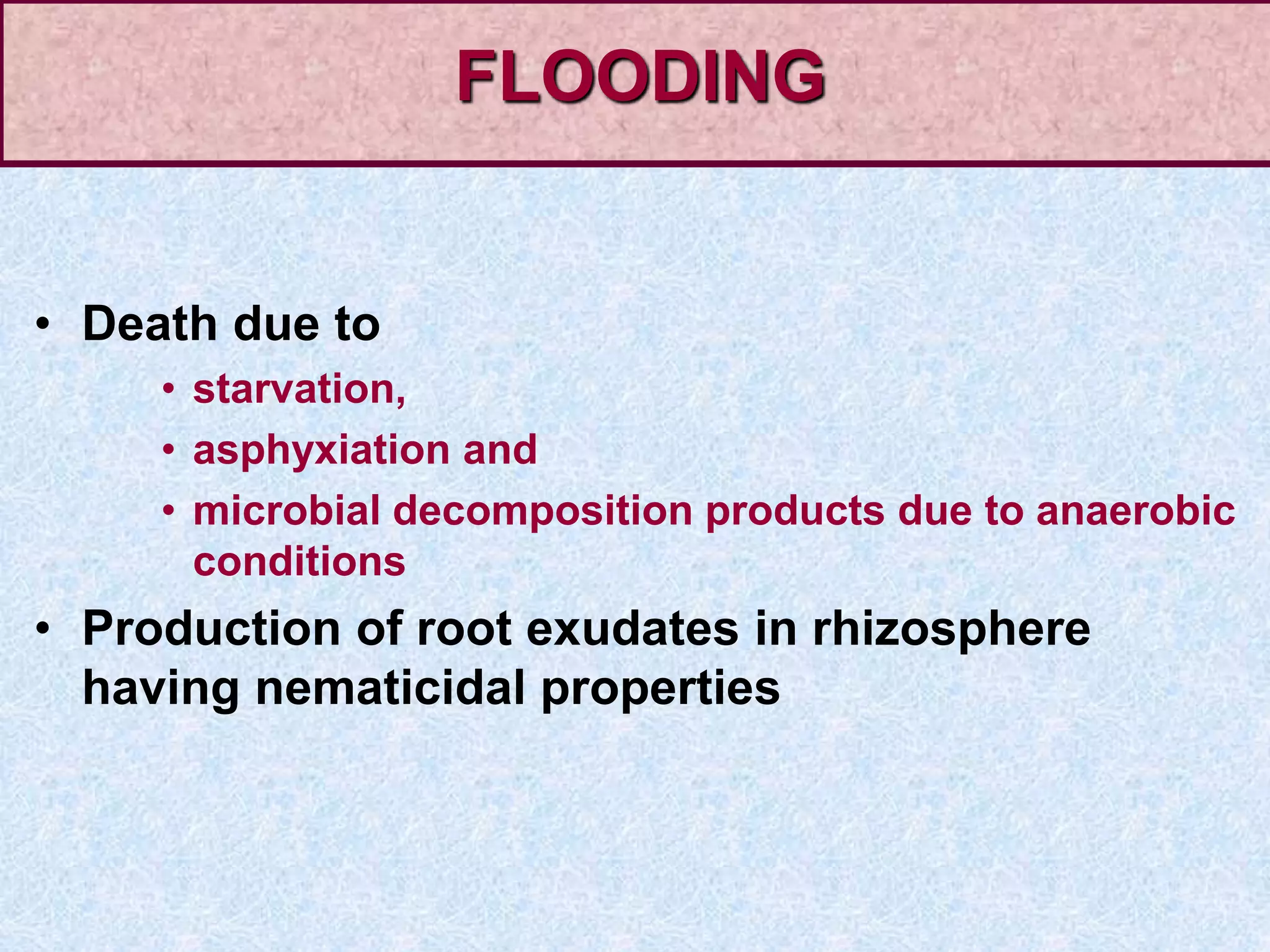 • Death due to
• starvation,
• asphyxiation and
• microbial decomposition products due to anaerobic
conditions
• Production of root exudates in rhizosphere
having nematicidal properties
FLOODING
 