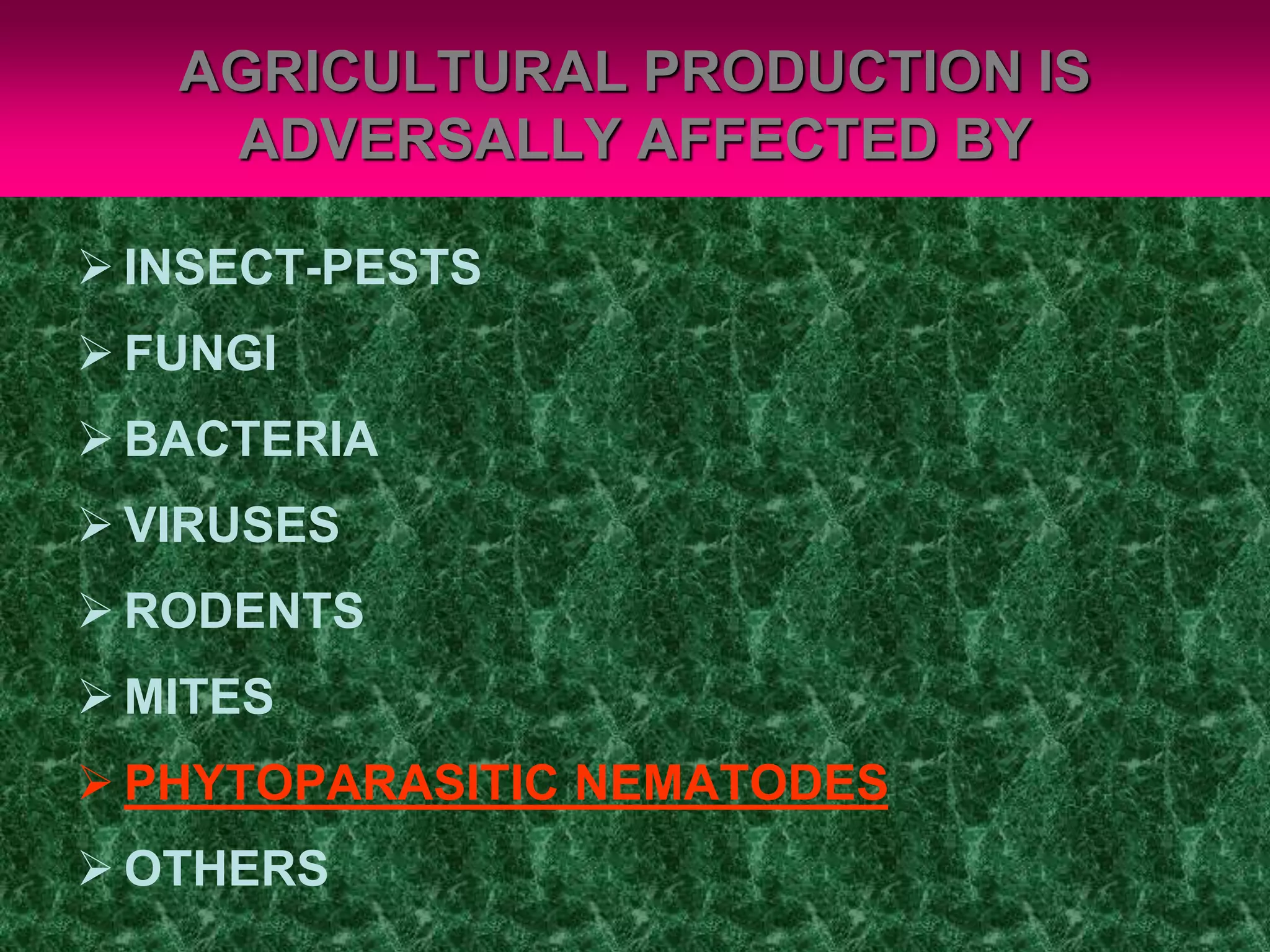AGRICULTURAL PRODUCTION IS
ADVERSALLY AFFECTED BY
 INSECT-PESTS
 FUNGI
 BACTERIA
 VIRUSES
 RODENTS
 MITES
 PHYTOPARASITIC NEMATODES
 OTHERS
 