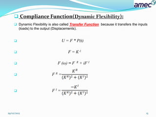  Compliance Function(Dynamic Flexibility):
      Dynamic Flexibility is also called Transfer Function because it transfers the inputs
       (loads) to the output (Displacements).


                                  U = F * P(t)

                                      F = K-1

                                F (ω) = F   R   + iF I

                            FR=


                            FI=




29/02/2012                                                                                15
 