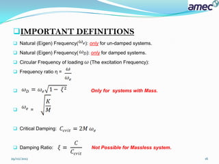 IMPORTANT DEFINITIONS
  Natural (Eigen) Frequency(      ): only for un-damped systems.
  Natural (Eigen) Frequency(      ): only for damped systems.
  Circular Frequency of loading     (The excitation Frequency):
  Frequency ratio η =



                                    Only for systems with Mass.


            =


  Critical Damping:



  Damping Ratio:                    Not Possible for Massless system.

29/02/2012                                                               16
 