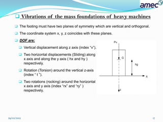  Vibrations of the mass foundations of heavy machines
      The footing must have two planes of symmetry which are vertical and orthogonal.

      The coordinate system x, y, z coincides with these planes.

      DOF are:

         Vertical displacement along z axis (index “v”).

         Two horizontal displacements (Sliding) along
          x axis and along the y axis ( hx and hy )
          respectively.
         Rotation (Torsion) around the vertical z-axis
          (index “ t ”).
         Two rotations (rocking) around the horizontal
          x axis and y axis (index “rx” and “ry” )
          respectively.




29/02/2012                                                                               17
 