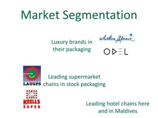 Market Segmentation
      Luxury brands in
       their packaging



     Leading supermarket
   chains in stock packaging


                    Leading hotel chains here
                        and in Maldives
 