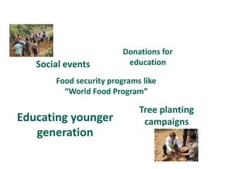 Donations for
   Social events         education

       Food security programs like
         “World Food Program”

                             Tree planting
Educating younger             campaigns
   generation
 