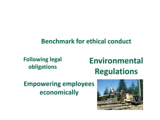 Benchmark for ethical conduct

Following legal      Environmental
  obligations
                      Regulations
Empowering employees
    economically
 