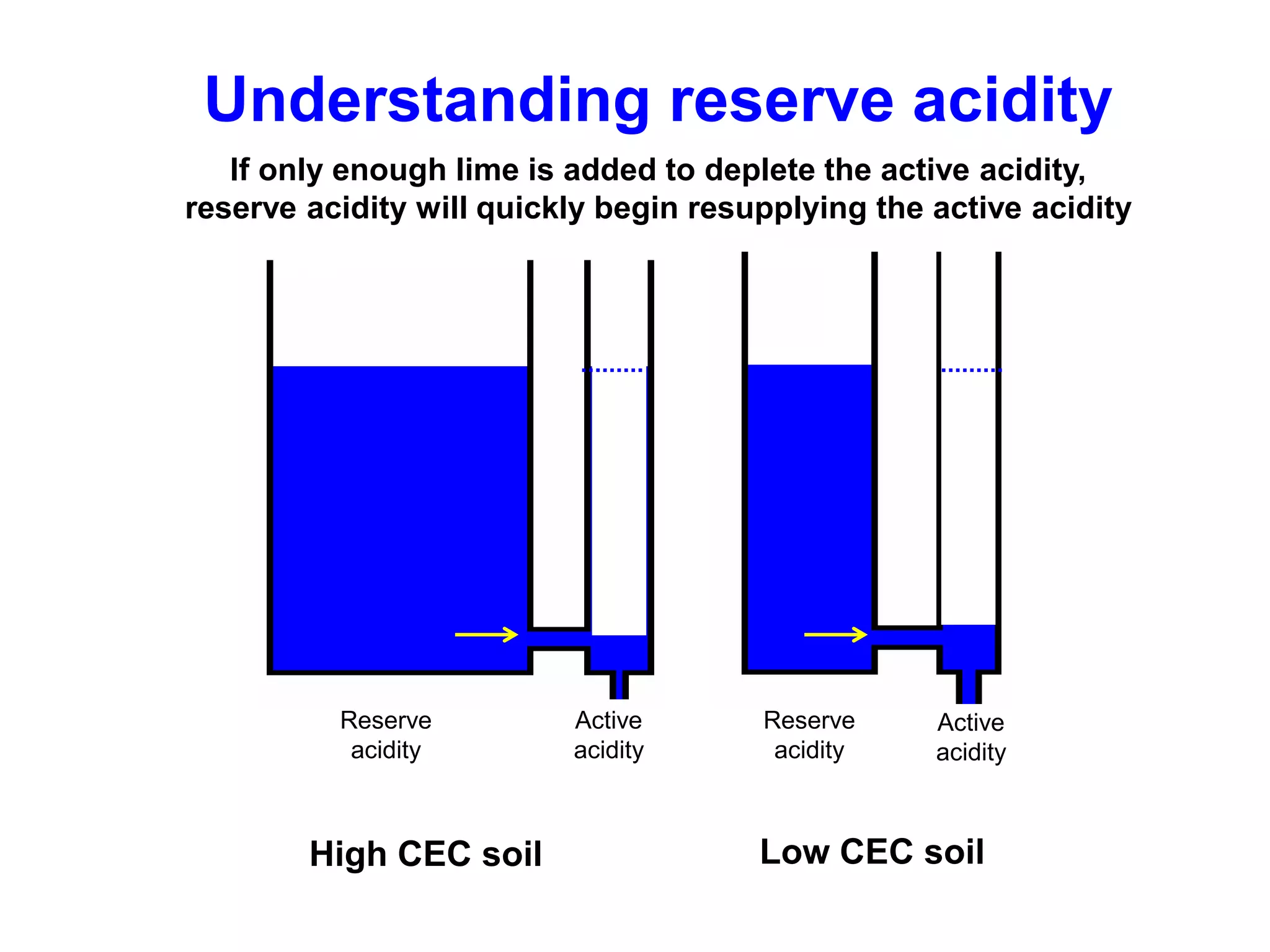 Understanding reserve acidity
   If only enough lime is added to deplete the active acidity,
reserve acidity will quickly begin resupplying the active acidity




          Reserve         Active       Reserve     Active
           acidity        acidity       acidity    acidity



        High CEC soil                  Low CEC soil
 