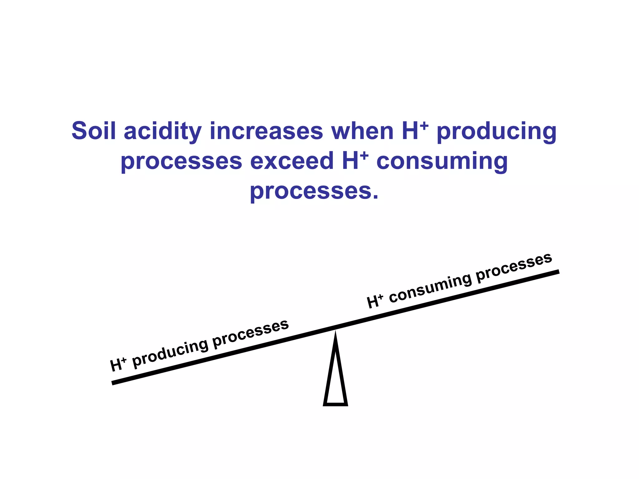 Soil acidity increases when H+ producing
    processes exceed H+ consuming
                processes.
 