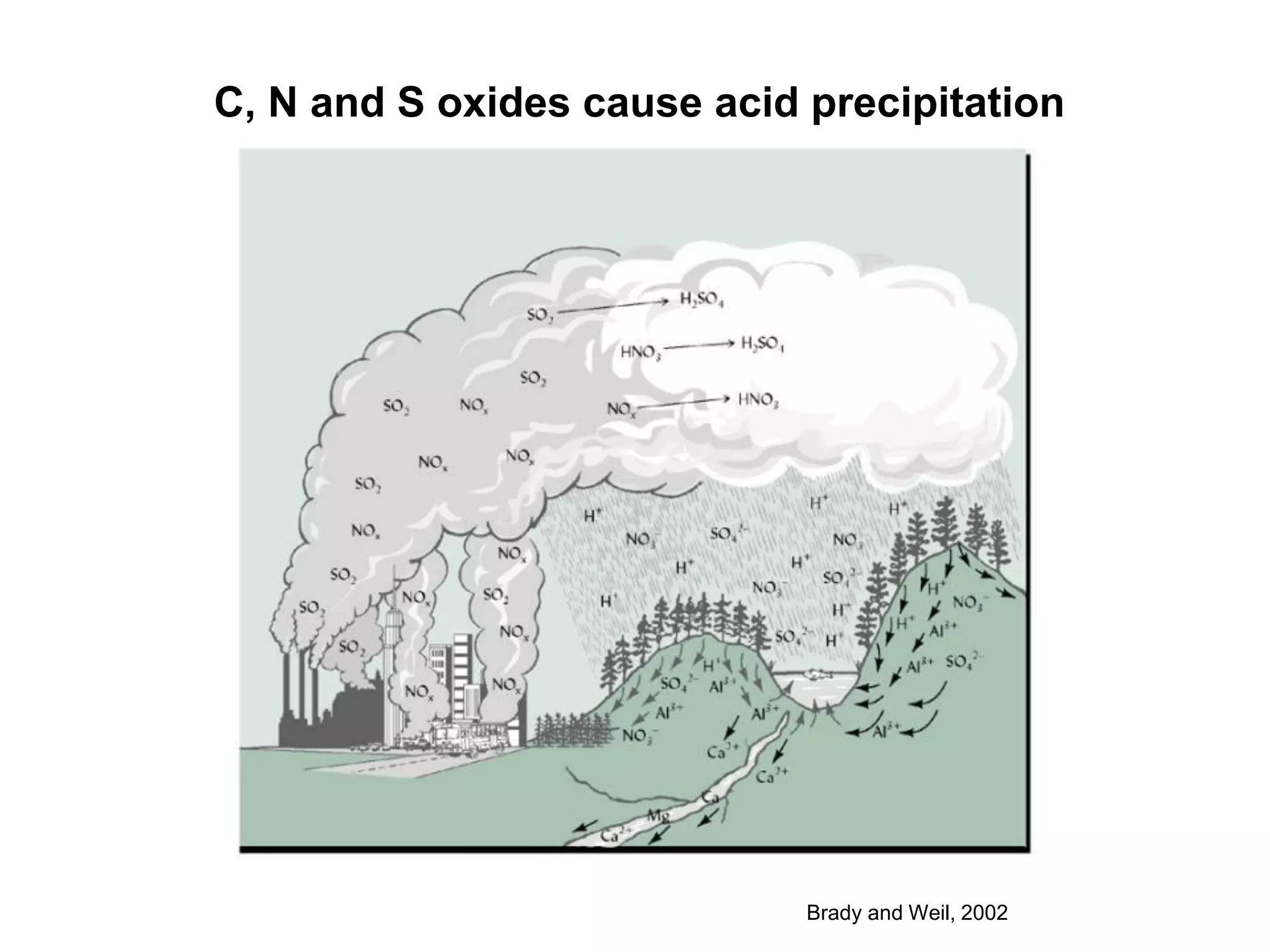 C, N and S oxides cause acid precipitation




                             Brady and Weil, 2002
 