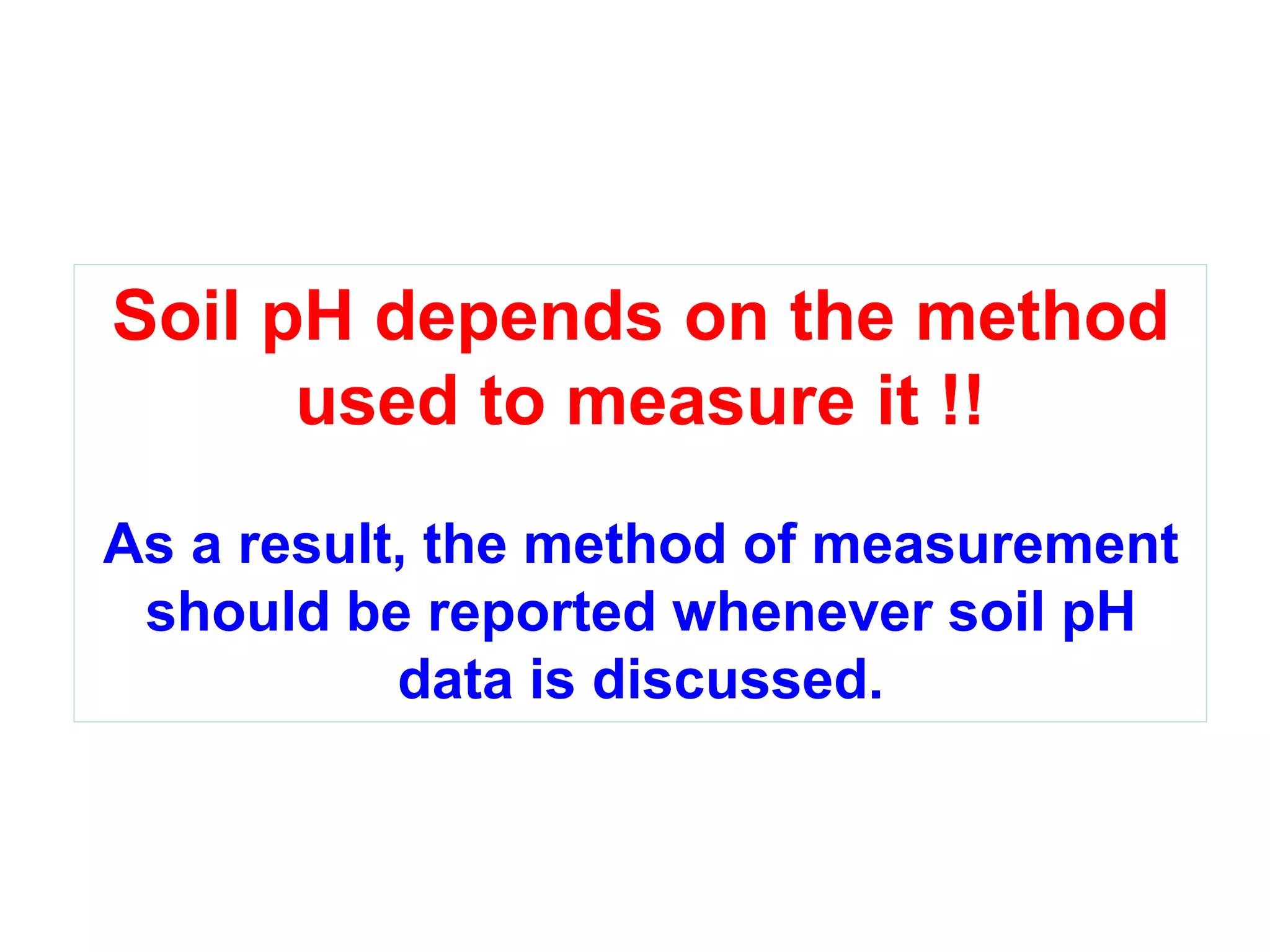 Soil pH depends on the method
      used to measure it !!
As a result, the method of measurement
 should be reported whenever soil pH
           data is discussed.
 