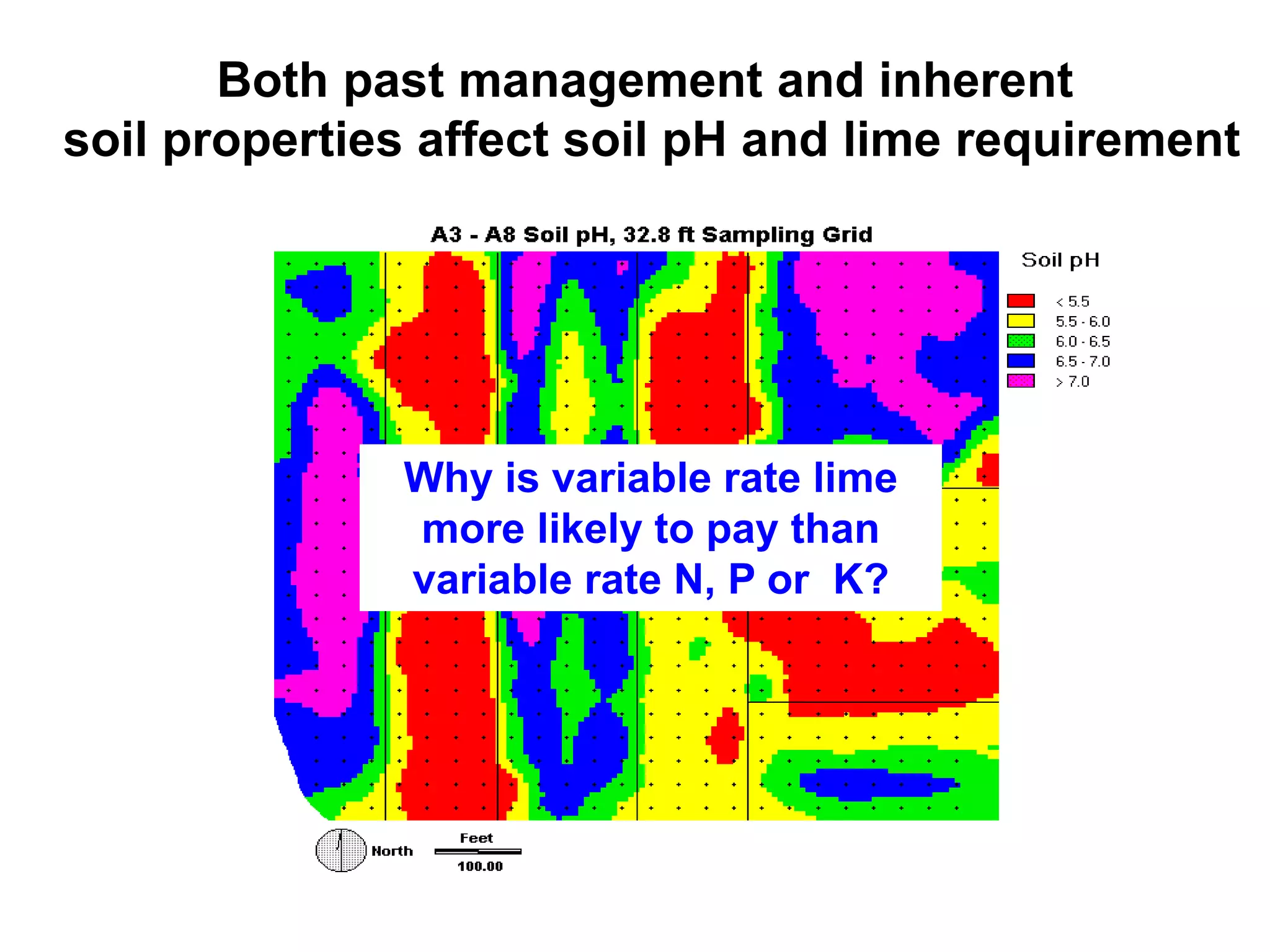 Both past management and inherent
soil properties affect soil pH and lime requirement




              Why is variable rate lime
              more likely to pay than
              variable rate N, P or K?
 