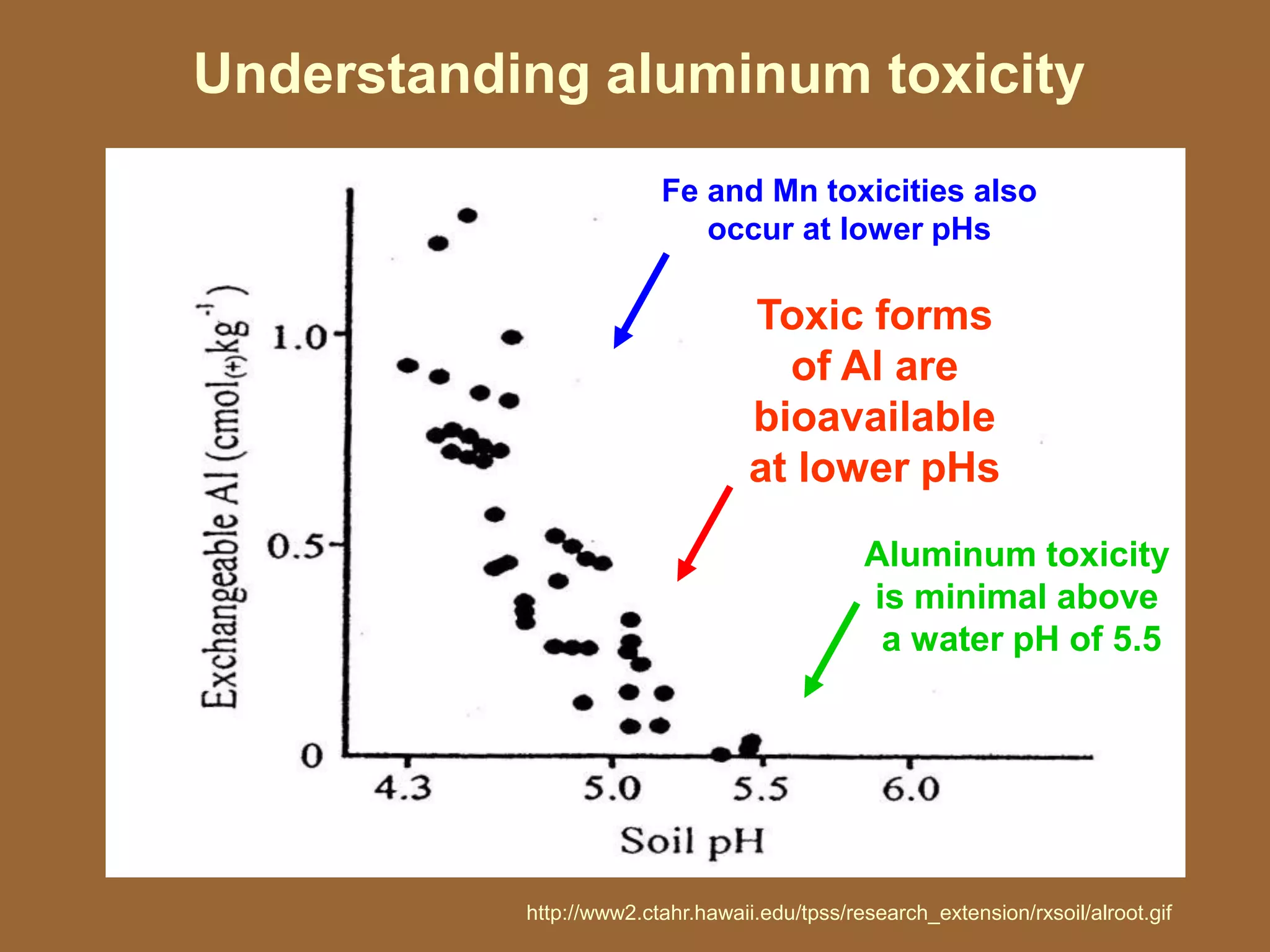 Understanding aluminum toxicity
                         Fe and Mn toxicities also
                            occur at lower pHs

                                   Toxic forms
                                     of Al are
                                   bioavailable
                                   at lower pHs
                                               Aluminum toxicity
                                               is minimal above
                                                a water pH of 5.5




           http://www2.ctahr.hawaii.edu/tpss/research_extension/rxsoil/alroot.gif
 
