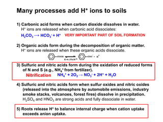 Many processes add H+ ions to soils

1) Carbonic acid forms when carbon dioxide dissolves in water.
   H+ ions are released when carbonic acid dissociates:
  H2CO3 → HCO3- + H+ VERY IMPORTANT PART OF SOIL FORMATION

2) Organic acids form during the decomposition of organic matter.
   H+ ions are released when these organic acids dissociate.


3) Sulfuric and nitric acids form during the oxidation of reduced forms
   of N and S (e.g., NH4+ from fertilizer).
     Nitrification NH4+ + 2O2 → NO3- + 2H+ + H2O

4) Sulfuric and nitric acids form when sulfur oxides and nitric oxides
   (released into the atmosphere by automobile emissions, industry
   smoke stacks, volcanoes, forest fires) dissolve in precipitation.
   H2SO4 and HNO3 are strong acids and fully dissociate in water.

5) Roots release H+ to balance internal charge when cation uptake
   exceeds anion uptake.
 