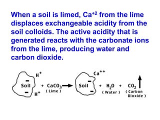 When a soil is limed, Ca+2 from the lime
displaces exchangeable acidity from the
soil colloids. The active acidity that is
generated reacts with the carbonate ions
from the lime, producing water and
carbon dioxide.

      H+                   Ca+2
 soil colloid + CaCO3   soil colloid + H2O + CO2
     H+
 