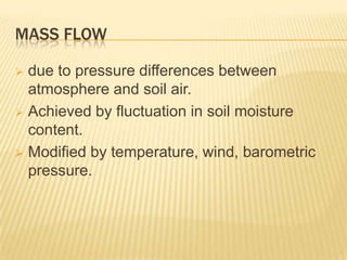 MASS FLOW

 due to pressure differences between
  atmosphere and soil air.
 Achieved by fluctuation in soil moisture
  content.
 Modified by temperature, wind, barometric
  pressure.
 