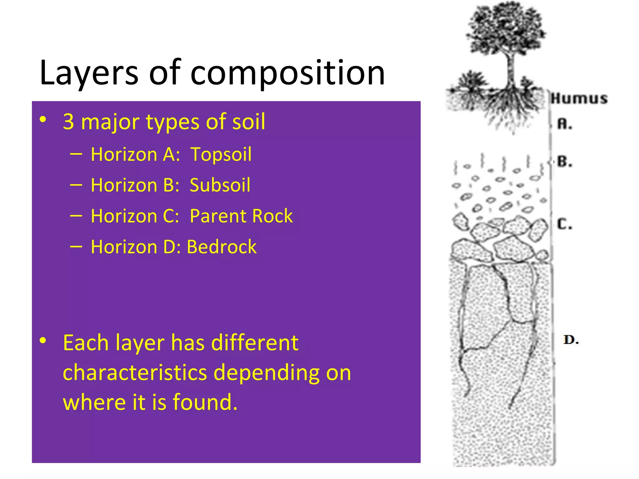 Layers of composition
• 3 major types of soil
– Horizon A: Topsoil
– Horizon B: Subsoil
– Horizon C: Parent Rock
– Horizon D: Bedrock
• Each layer has different
characteristics depending on
where it is found.
3
 