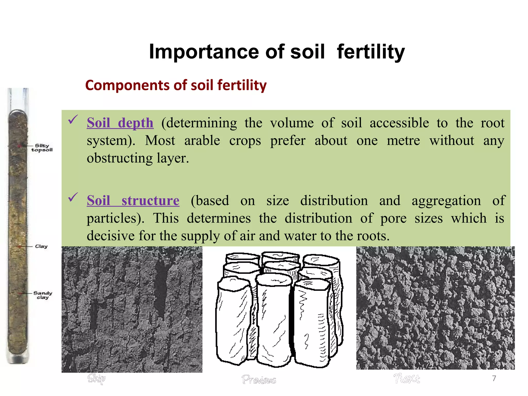 Components of soil fertility
 Soil depth (determining the volume of soil accessible to the root
system). Most arable crops prefer about one metre without any
obstructing layer.
 Soil structure (based on size distribution and aggregation of
particles). This determines the distribution of pore sizes which is
decisive for the supply of air and water to the roots.
7
Importance of soil fertility
 