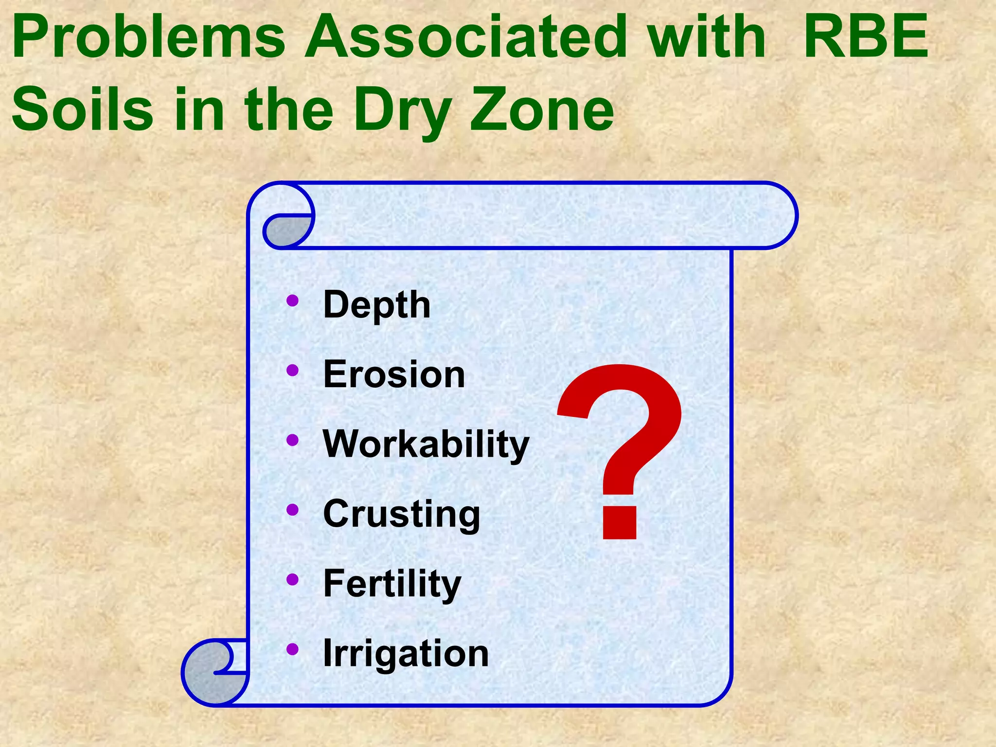 Problems Associated with RBE 
Soils in the Dry Zone 
• Depth 
• Erosion 
• Workability 
• Crusting 
• Fertility 
• Irrigation 
? 
 