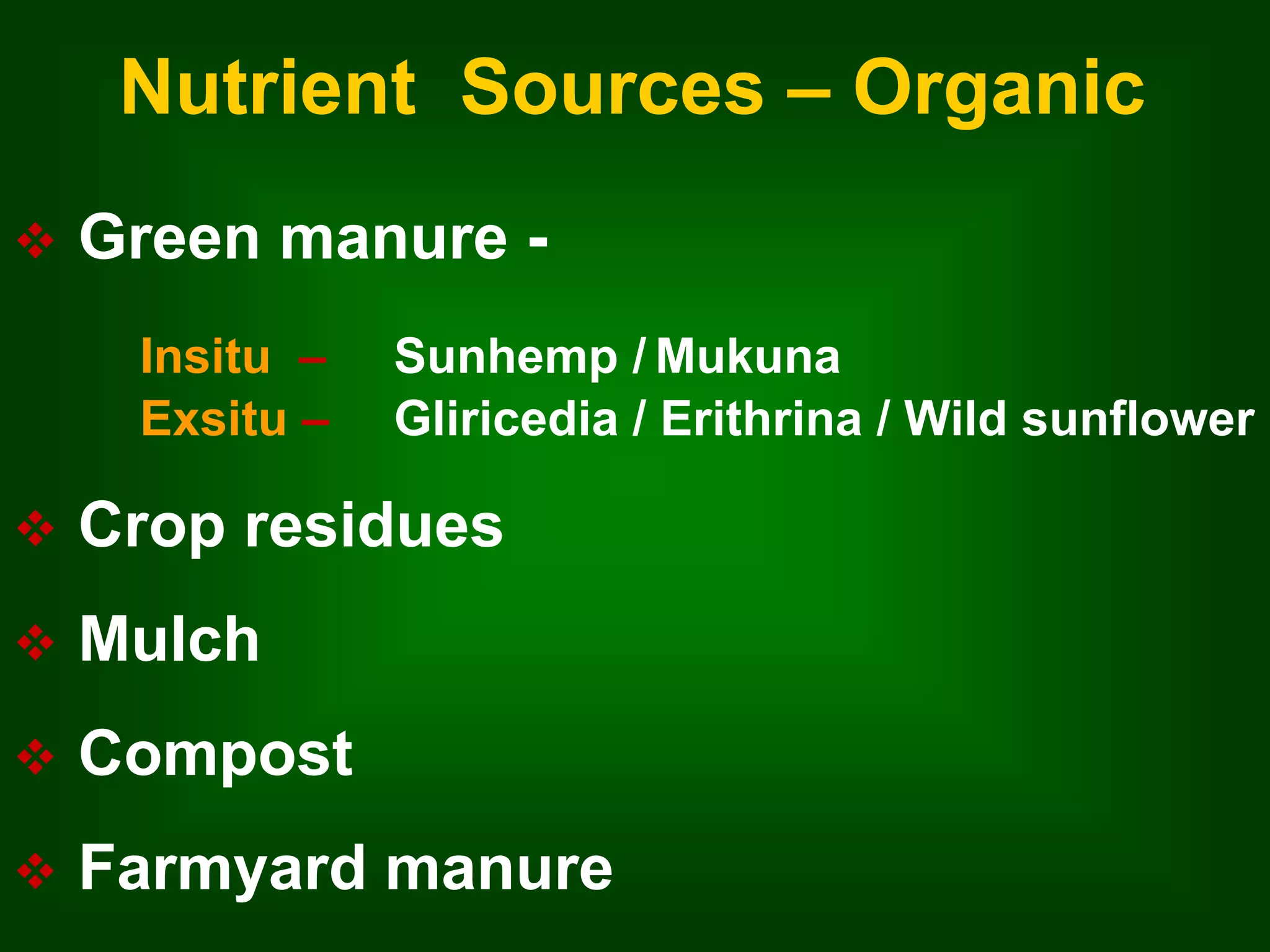 Nutrient Sources – Organic 
 Green manure - 
Insitu – Sunhemp / Mukuna 
Exsitu – Gliricedia / Erithrina / Wild sunflower 
 Crop residues 
 Mulch 
 Compost 
 Farmyard manure 
 