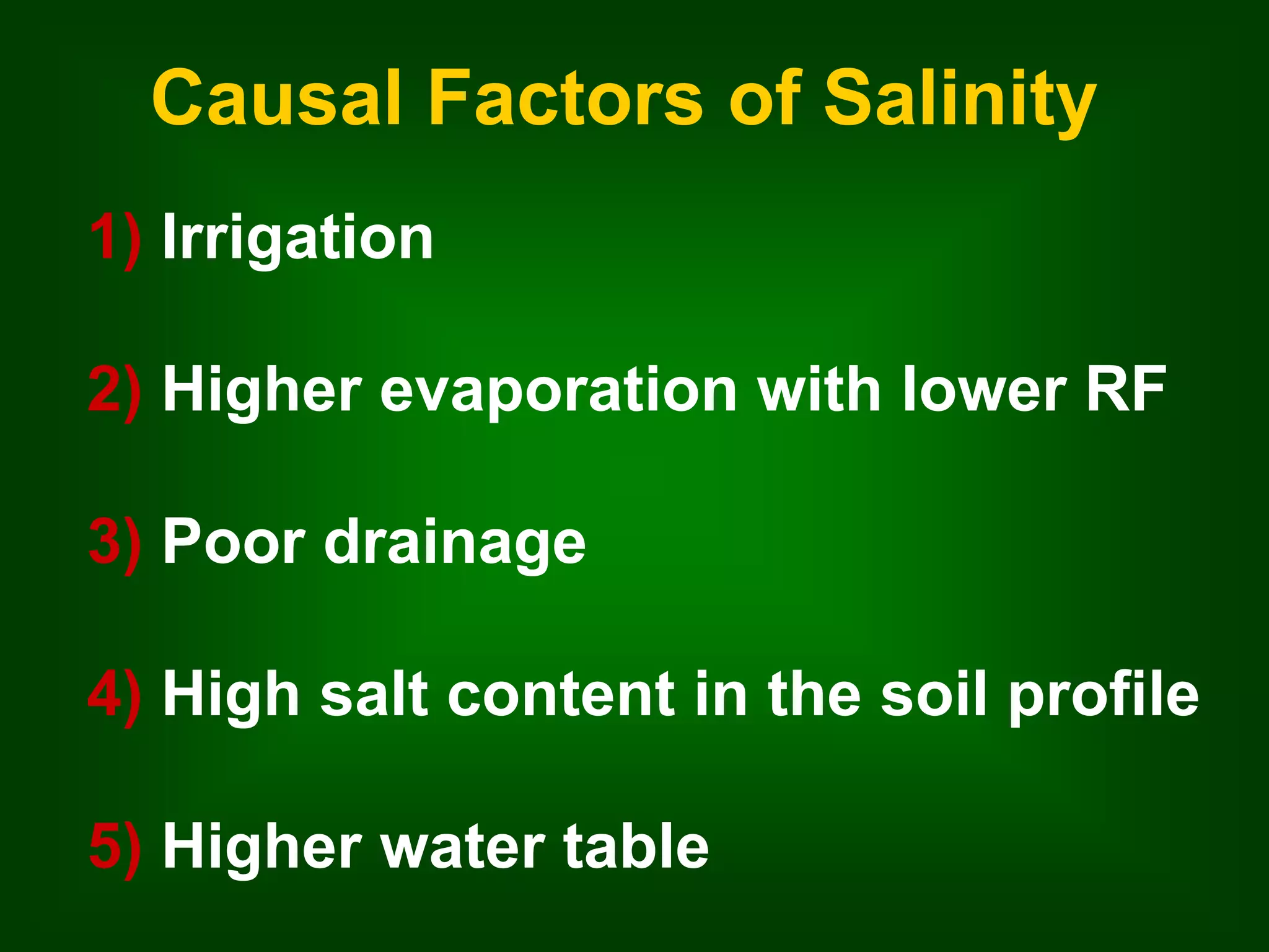 Causal Factors of Salinity 
1) Irrigation 
2) Higher evaporation with lower RF 
3) Poor drainage 
4) High salt content in the soil profile 
5) Higher water table 
 