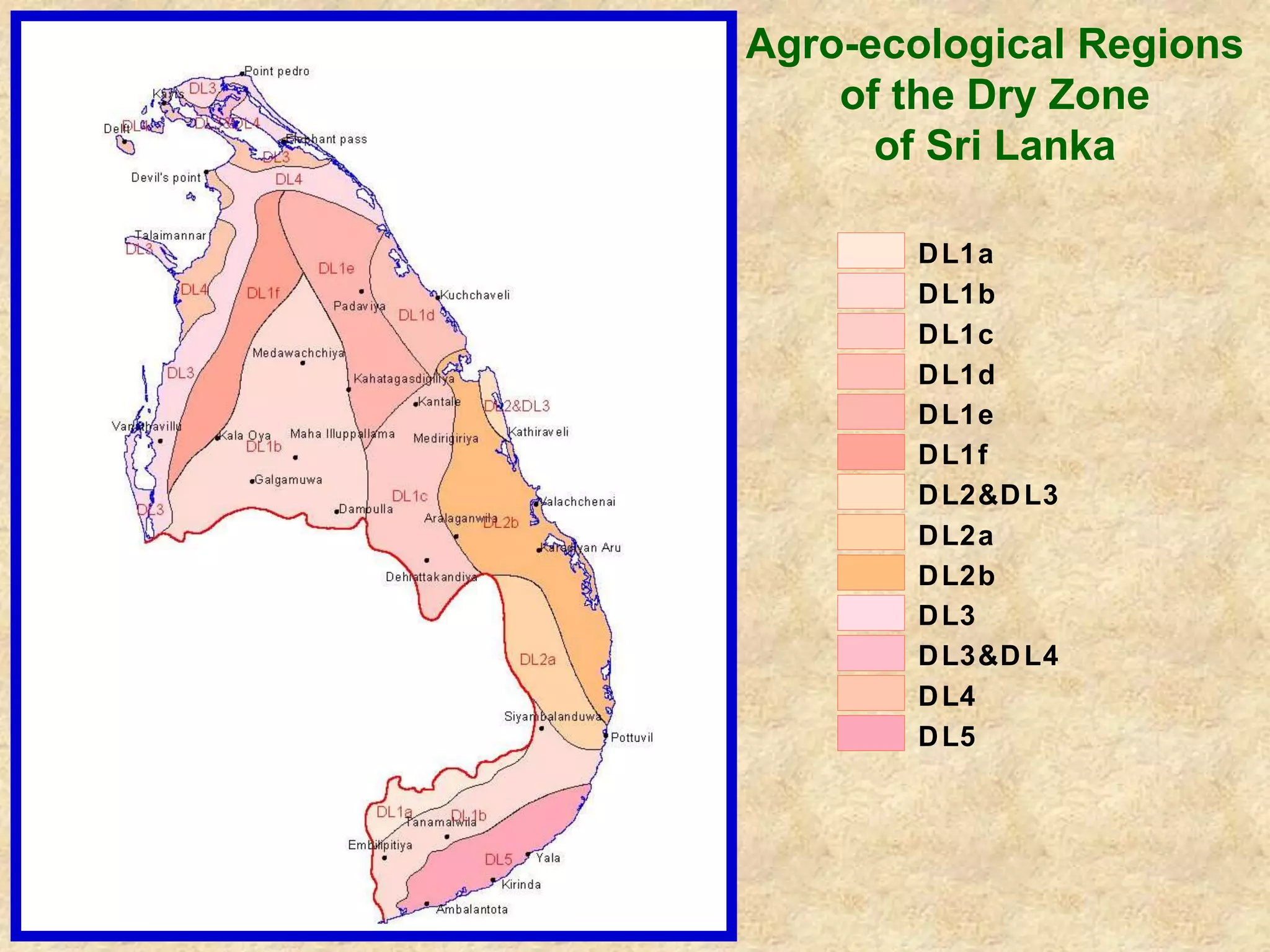 DL1a 
DL1b 
DL1c 
DL1d 
DL1e 
DL1f 
DL2&DL3 
DL2a 
DL2b 
DL3 
DL3&DL4 
DL4 
DL5 
Agro-ecological Zones of 
Dry Zone of Sri Lanka 
Agro-ecological Regions 
of the Dry Zone 
of Sri Lanka 
 