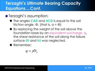 By: ANK
EAT314/4 Geotechnical Engineering
Terzaghi’s Ultimate Bearing Capacity
Equations....Cont.
Terzaghi’s assumption:
The angles CAD and ACD is equal to the soil
friction angle, Φ. (that is, α = Φ)
By replacing the weight of the soil above the
foundation base by an equivalent surcharge, q,
the shear resistance of the soil along the failure
surface GI and HJ was neglected.
Remember:
f
D
q g
=
 