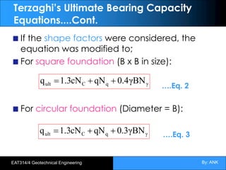 By: ANK
EAT314/4 Geotechnical Engineering
Terzaghi’s Ultimate Bearing Capacity
Equations....Cont.
If the shape factors were considered, the
equation was modified to;
For square foundation (B x B in size):
….Eq. 2
For circular foundation (Diameter = B):
….Eq. 3
γ
q
C
ult γBN
4
.
0
qN
cN
3
.
1
q +
+
=
γ
q
C
ult γBN
3
.
0
qN
cN
3
.
1
q +
+
=
 