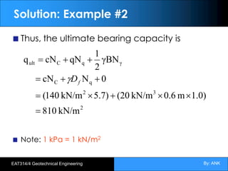 By: ANK
EAT314/4 Geotechnical Engineering
Solution: Example #2
Thus, the ultimate bearing capacity is
Note: 1 kPa = 1 kN/m2
kN/m
810
1.0)
m
0.6
kN/m
(20
5.7)
kN/m
140
(
0
N
cN
γBN
2
1
qN
cN
q
2
3
2
q
C
γ
q
C
ult
=
´
´
+
´
=
+
+
=
+
+
=
f
D
g
 