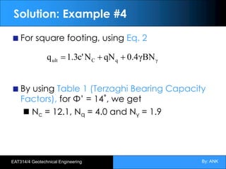By: ANK
EAT314/4 Geotechnical Engineering
Solution: Example #4
For square footing, using Eq. 2
By using Table 1 (Terzaghi Bearing Capacity
Factors), for Φ’ = 14˚, we get
Nc = 12.1, Nq = 4.0 and Nγ = 1.9
γ
q
C
ult γBN
4
.
0
qN
N
c'
3
.
1
q +
+
=
 