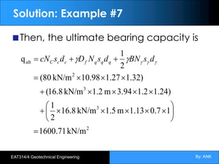 By: ANK
EAT314/4 Geotechnical Engineering
Solution: Example #7
Then, the ultimate bearing capacity is
2
3
3
2
ult
kN/m
1600.71
1
7
.
0
13
.
1
m
5
.
1
kN/m
8
.
16
2
1
)
24
.
1
2
.
1
3.94
m
1.2
kN/m
8
.
16
(
)
32
.
1
27
.
1
98
.
10
kN/m
(80
2
1
q
=
÷
ø
ö
ç
è
æ
´
´
´
´
´
+
´
´
´
´
+
´
´
´
=
+
+
= g
g
g
g
g d
s
BN
d
s
N
D
d
s
cN q
q
q
f
c
c
C
 