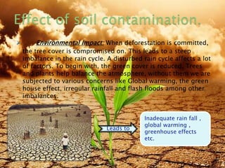  Environmental Impact: When deforestation is committed,
the tree cover is compromised on. This leads to a steep
imbalance in the rain cycle. A disturbed rain cycle affects a lot
of factors. To begin with, the green cover is reduced. Trees
and plants help balance the atmosphere, without them we are
subjected to various concerns like Global warming, the green
house effect, irregular rainfall and flash floods among other
imbalances.
Leads to
Inadequate rain fall ,
global warming ,
greenhouse effects
etc.
8/19/2015 16
 