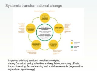 Systemic transformational change
Improved advisory services, novel technologies,
strong C-market, policy subsidies and regulation, company offsets,
impact investing, farmer learning and social movements (regenerative
agriculture, agroecology)
 