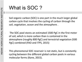 • Soil organic carbon (SOC) is one part in the much larger global
carbon cycle that involves the cycling of carbon through the
soil, vegetation, ocean and the atmosphere .
• The SOC pool stores an estimated 1500 PgC in the first meter
of soil, which is more carbon than is contained in the
atmosphere (roughly 800 PgC) and terrestrial vegetation (500
PgC) combined (FAO and ITPS, 2015)
• This phenomenal SOC reservoir is not static, but is constantly
cycling between the different global carbon pools in various
molecular forms (Kane, 2015).
INDIAN
AGRICULTURAL
RESEARCH
INSTITUTE
What is SOC ?
 
