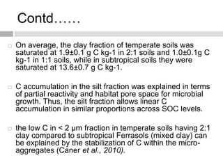 Contd……
 On average, the clay fraction of temperate soils was
saturated at 1.9±0.1 g C kg-1 in 2:1 soils and 1.0±0.1g C
kg-1 in 1:1 soils, while in subtropical soils they were
saturated at 13.6±0.7 g C kg-1.
 C accumulation in the silt fraction was explained in terms
of partial reactivity and habitat pore space for microbial
growth. Thus, the silt fraction allows linear C
accumulation in similar proportions across SOC levels.
 the low C in < 2 μm fraction in temperate soils having 2:1
clay compared to subtropical Ferrasols (mixed clay) can
be explained by the stabilization of C within the micro-
aggregates (Caner et al., 2010).
 