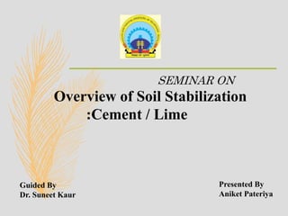 Presented By
Aniket Pateriya
SEMINAR ON
Overview of Soil Stabilization
:Cement / Lime
Guided By
Dr. Suneet Kaur
 
