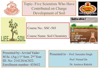 Topic- Five Scientists Who Have
Contributed on Charge
Development of Soil
Course No.: SSC-503
Course Name: Soil Chemistry
Presented by- Arvind Yadav
M.Sc. (Ag.) 1st Sem. 2nd Year
ID. No- 21412SAC022.
Enrollment number- 435652
Presented to – Prof. Surendra Singh
Prof. Nirmal De
Dr. Amitava Rakshit
 
