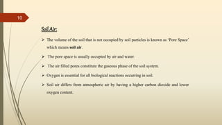 Soil Air:
 The volume of the soil that is not occupied by soil particles is known as ‘Pore Space’
which means soil air.
 The pore space is usually occupied by air and water.
 The air filled pores constitute the gaseous phase of the soil system.
 Oxygen is essential for all biological reactions occurring in soil.
 Soil air differs from atmospheric air by having a higher carbon dioxide and lower
oxygen content.
10
 
