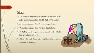 Soil pH:
 The acidity or alkalinity of a substance is measured in pH
units, a scale running from 0 to 14. A pH of 7 is neutral.
 As numbers decrease from 7, the acidity gets higher.
 As numbers increase from 7 so does the alkalinity.
 Soil pH generally range from an extremely acidic pH of 3
to a very alkaline pH of 10.
 Most cultivated plants enjoy slightly acidic conditions
with a pH of about 6.5.
11
 